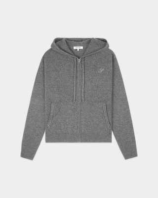 A gray zip-up hoodie with a drawstring hood, front pockets, and a small embroidered logo on the left chest, displayed against a light gray background.