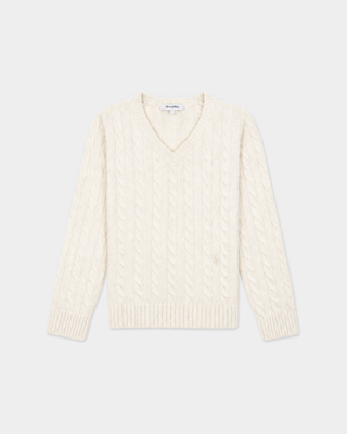 Ivan SRC V-Neck Cashmere Cable Sweater in cream-colored cashmere-wool blend.