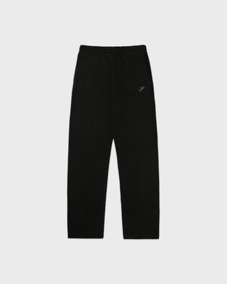Black sweatpants with an elastic waistband and a small white embroidered logo on the left chest, shown against a light gray background.