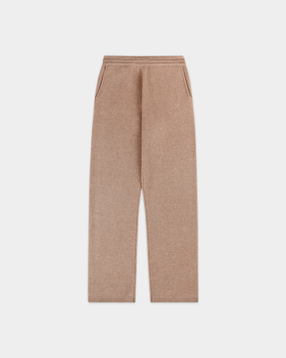Ivana S Logo Cashmere Trousers in taupe, featuring a wide-leg silhouette, comfortable drawstring waist, and side pockets, crafted from a luxurious cashmere-wool blend and displayed on a white background.