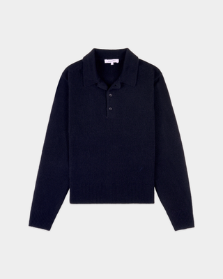 Izar S Logo Cashmere Polo in dark navy, a long-sleeve knit sweater crafted from a luxurious cashmere-wool blend, featuring a classic buttoned collar with three buttons, shown laid flat on a white background.