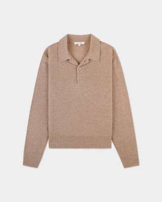 Izar S Logo Cashmere Polo in taupe, a long-sleeve knit sweater crafted from a luxurious cashmere-wool blend, featuring a classic buttoned collar with three buttons and laid flat on a white background.