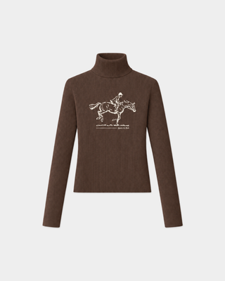 Jacoba Horse Ribbed Turtleneck - Chocolate: brown ribbed merino wool with a white line drawing of a person on a horse.