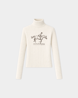 Jacoba Horse Ribbed Turtleneck - Ecru: off-white merino wool ribbed sweater with a brown horse-riding graphic.
