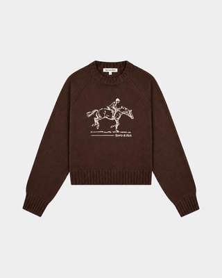 Jadene Horse Knitted Boxy Sweater in chocolate, featuring a white embroidered graphic of a person riding a horse.