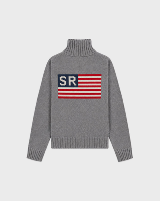 Jara SR Flag Wool Turtleneck in Medium Heather Gray: a gray knitted cropped turtleneck with US flag and SR back art.
