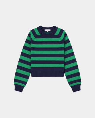 Julietta Striped Knitted Sweater - Dark Navy: a 100% wool crewneck with horizontal navy blue and green stripes.