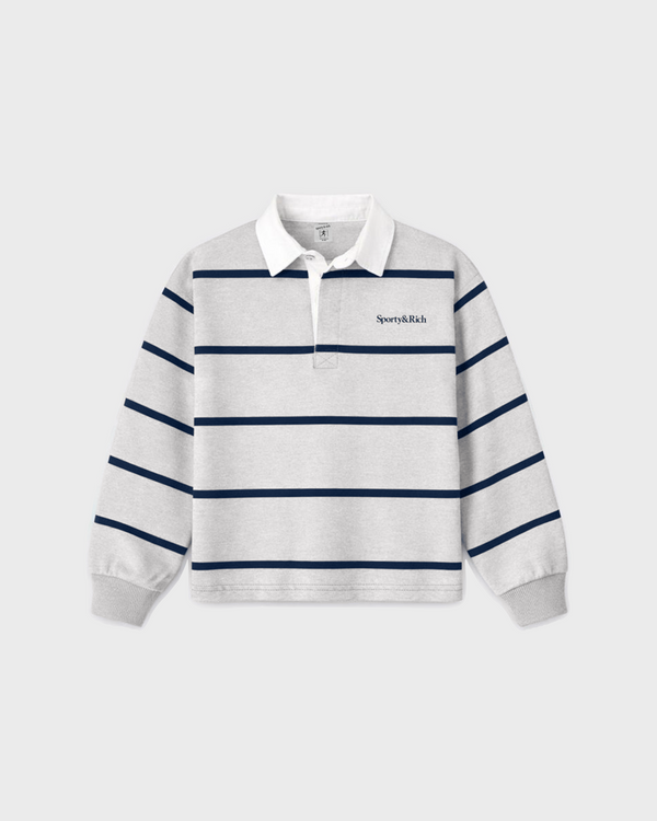 Kao Serif Logo Kids Rugby Polo in heather grey and navy with a white collar and a small logo on the chest.