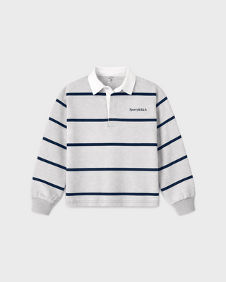 Kao Serif Logo Kids Rugby Polo in heather grey and navy with a white collar and a small logo on the chest.