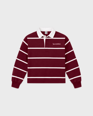 Kao Serif Logo Kids Rugby Polo - Merlot/White in a breathable maroon and white striped design with a white collar.