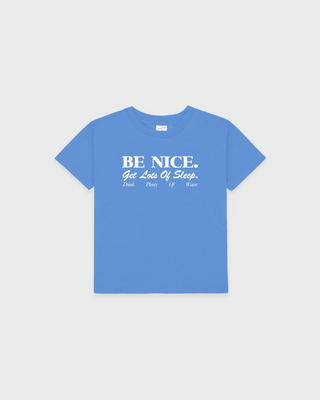 Karen Be Nice Kids Tshirt - True Blue soft short-sleeve shirt with BE NICE. Get Lots Of Sleep. Drink Water. in white.