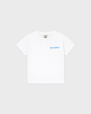 White Karen Drink More Water Kids Tshirt with blue Sporty&Rich text on the chest.