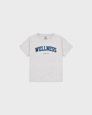 Karen Wellness Ivy Kids Tshirt in heather gray with WELLNESS in blue collegiate lettering on the chest.