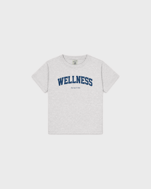 Karen Wellness Ivy Kids Tshirt in heather gray with WELLNESS in blue collegiate lettering on the chest.