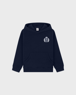 Dark navy Katie NY Crest Kids Hoodie in soft cotton polyester fleece with a white crest logo on the chest.