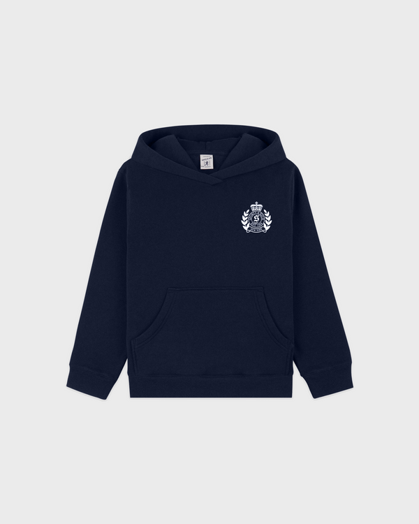 Dark navy Katie NY Crest Kids Hoodie in soft cotton polyester fleece with a white crest logo on the chest.