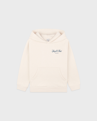A cream hooded sweatshirt with a small navy blue sporty&rich logo printed on the left chest, displayed against a light gray background.