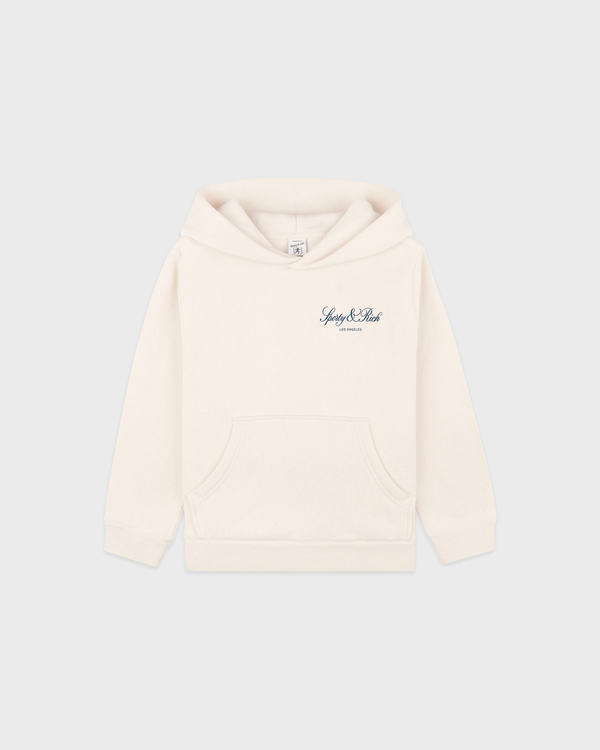 A cream hooded sweatshirt with a small navy blue sporty&rich logo printed on the left chest, displayed against a light gray background.