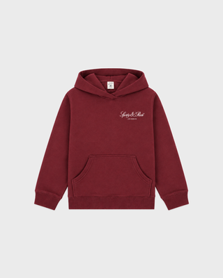 Katie Vendome LA Kids Hoodie in merlot, a soft fleece pullover with embroidered Sporty & Rich Los Angeles lettering.
