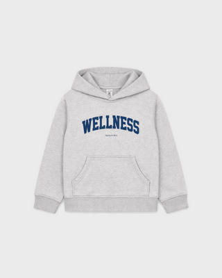 Katie Wellness Ivy Kids Hoodie in heather gray, a soft fleece pullover with a hood, front pocket, and WELLNESS print.