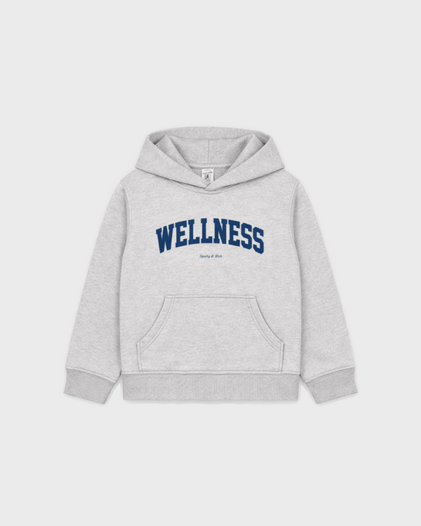 Katie Wellness Ivy Kids Hoodie in heather gray, a soft fleece pullover with a hood, front pocket, and WELLNESS print.