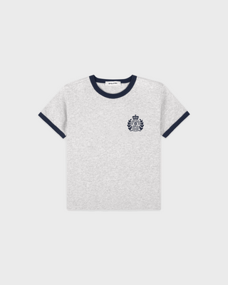 Kim NY Crest Kids Ringer Tee in heather grey with dark navy trim and a chest crest logo.