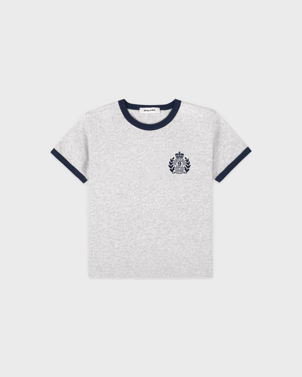 Kim NY Crest Kids Ringer Tee in heather grey with dark navy trim and a chest crest logo.