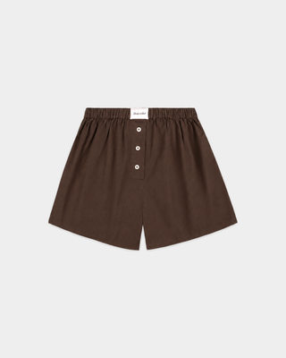 Loly Signature Logo Ring Short in chocolate, a breathable cotton boxer-style short with an elastic waist and button fly.
