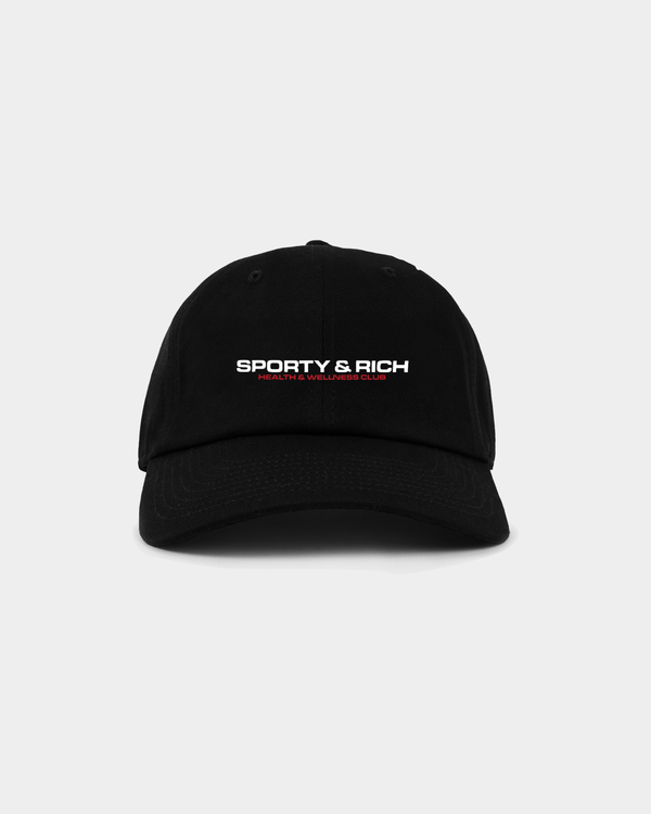 Black Maeve Bold Health Hat baseball cap with Health & Wellness Club embroidered in white and red text.