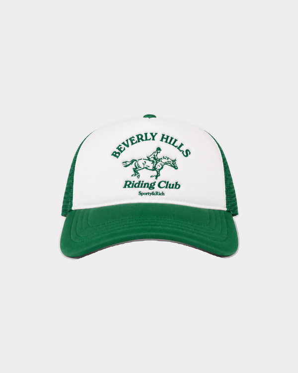 Mika BH Riding Club Trucker Hat in white and kelly green with a Beverly Hills Riding Club graphic.
