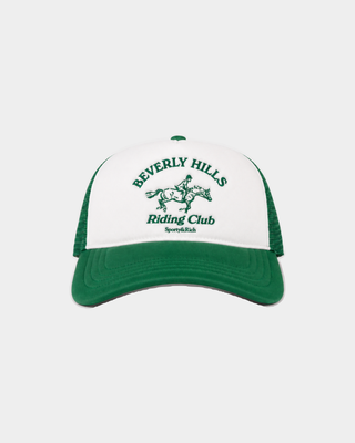 Mika BH Riding Club Trucker Hat in white and kelly green with a Beverly Hills Riding Club graphic.