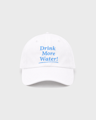 Mimo Drink More Water Kids Hat - White: a comfortable white baseball cap with blue Drink More Water! embroidery.