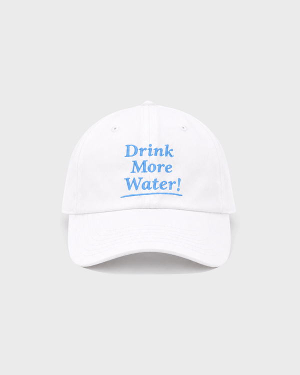 Mimo Drink More Water Kids Hat - White: a comfortable white baseball cap with blue Drink More Water! embroidery.