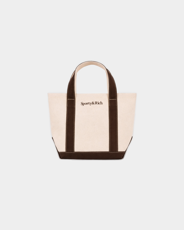 Minnie Serif Logo Mini Tote in natural cotton canvas with chocolate brown handles, base, and logo.