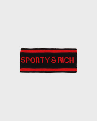Naya Bold Logo Ski Headband - Black/Rosso in black merino wool with red stripes, red lettering, and fleece lining.