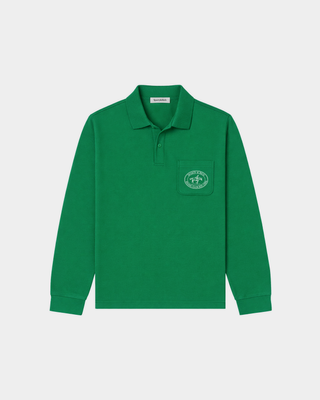 Kelly Perry Riding Club Longsleeve Pique Polo with a chest pocket and a circular logo patch.