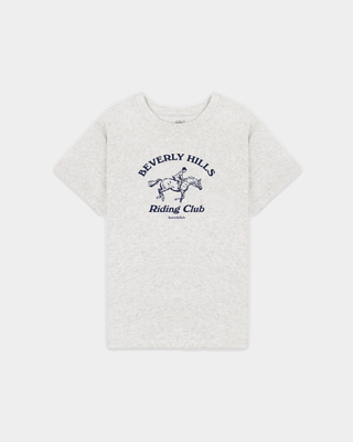 Polly BH Riding Club Essential Tee in heather gray, a slim fit short-sleeve shirt with a navy horseback riding graphic.