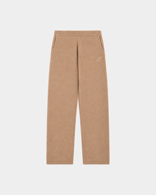 S Logo Cashmere Trousers in camel: tan wide-leg knit style with an embroidered hip logo and drawstring waist.