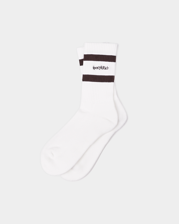 Saori Serif Logo Socks - White/Chocolate: comfortable, breathable white crew socks with two brown stripes on the cuff.