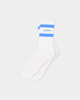 Saori Serif Logo Socks in white with two blue stripes and blue text on the cuffs.