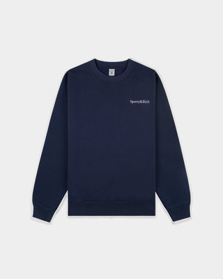 Dark navy Eeva Serif Logo Embroidered Crewneck featuring embroidered text on the upper left chest, laid flat on a white background.