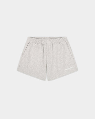 Heather gray Lucy Serif Logo Embroidered Disco Short, crafted from 100% cotton with an elastic waistband and side pockets, displayed on a white background—perfect sporty lounge shorts for comfortable everyday wear.