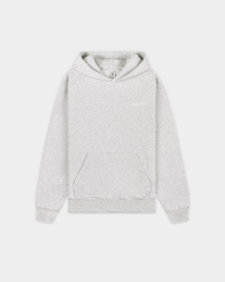 Edito Serif Logo Embroidered Hoodie in heather gray, showcased flat on a white background. This unisex 100% cotton hoodie features a front pocket and a timeless design that blends comfort with effortless style.