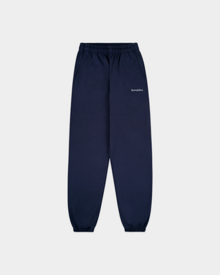 Brianno Serif Logo Embroidered Jogger in Dark Navy, featuring an elastic waistband and cuffs with a small white embroidered logo on the left thigh—a classic jogger inspired by the iconic Sporty & Rich sweatpant.