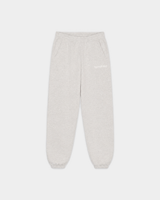 Heather gray Brianno Serif Logo Embroidered Jogger with an elastic waistband and cuffs, featuring side pockets and a small embroidered white serif logo on the left hip—a classic jogger fit inspired by the signature Sporty & Rich sweatpant.