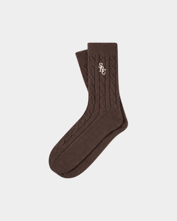 Sidi SRC Cashmere Cableknit Socks - Chocolate: soft, dark brown cable-knit socks with an embroidered white SRC logo.