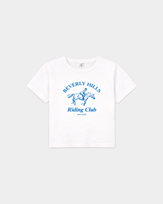 Venus BH Riding Club Micro Tee in white, a ’90s-inspired fitted crop top with a blue horse and rider graphic.