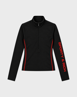 A black long-sleeve athletic quarter-zip pullover with red piping along the sides and vertical red 'SPORTY & RICH' branding on the right sleeve, shown against a light gray background.