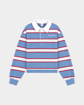 Blondie Serif Logo Rugby Polo in Blue, Ruby, Dark Navy, Gray, and White—crafted from heavyweight cotton with a classic white collar and Sporty & Rich text on the chest for a vintage collegiate look.