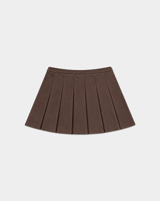 Chocolate Anais Riding Skirt featuring a pleated design and gold-tone horsebit hardware at the waist.